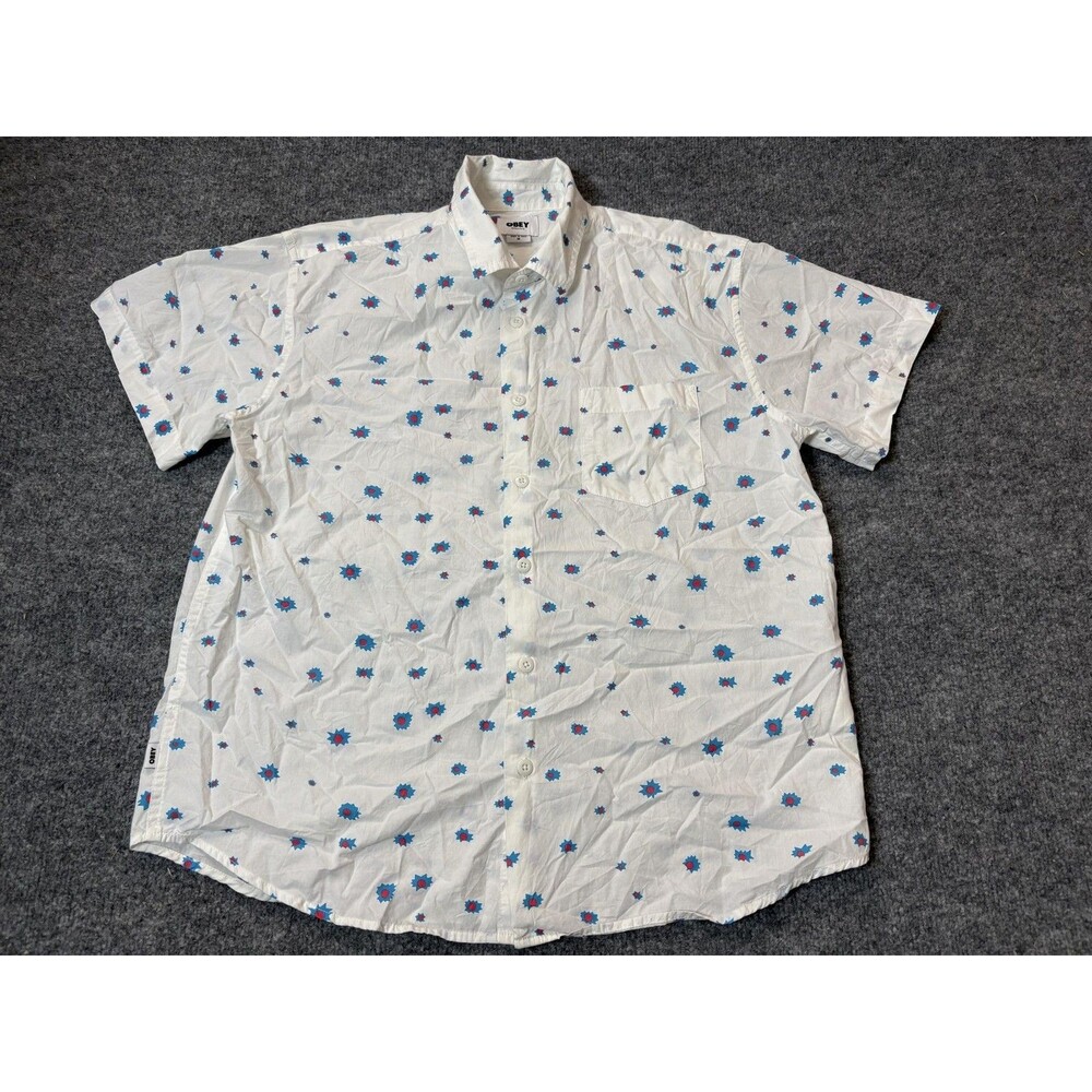 OBEY Shirt Mens M White Floral Short Sleeve Organic Cotton Button-Up Casual